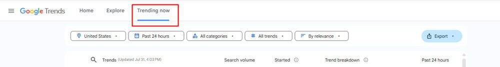 Google Trends Trending Now Section