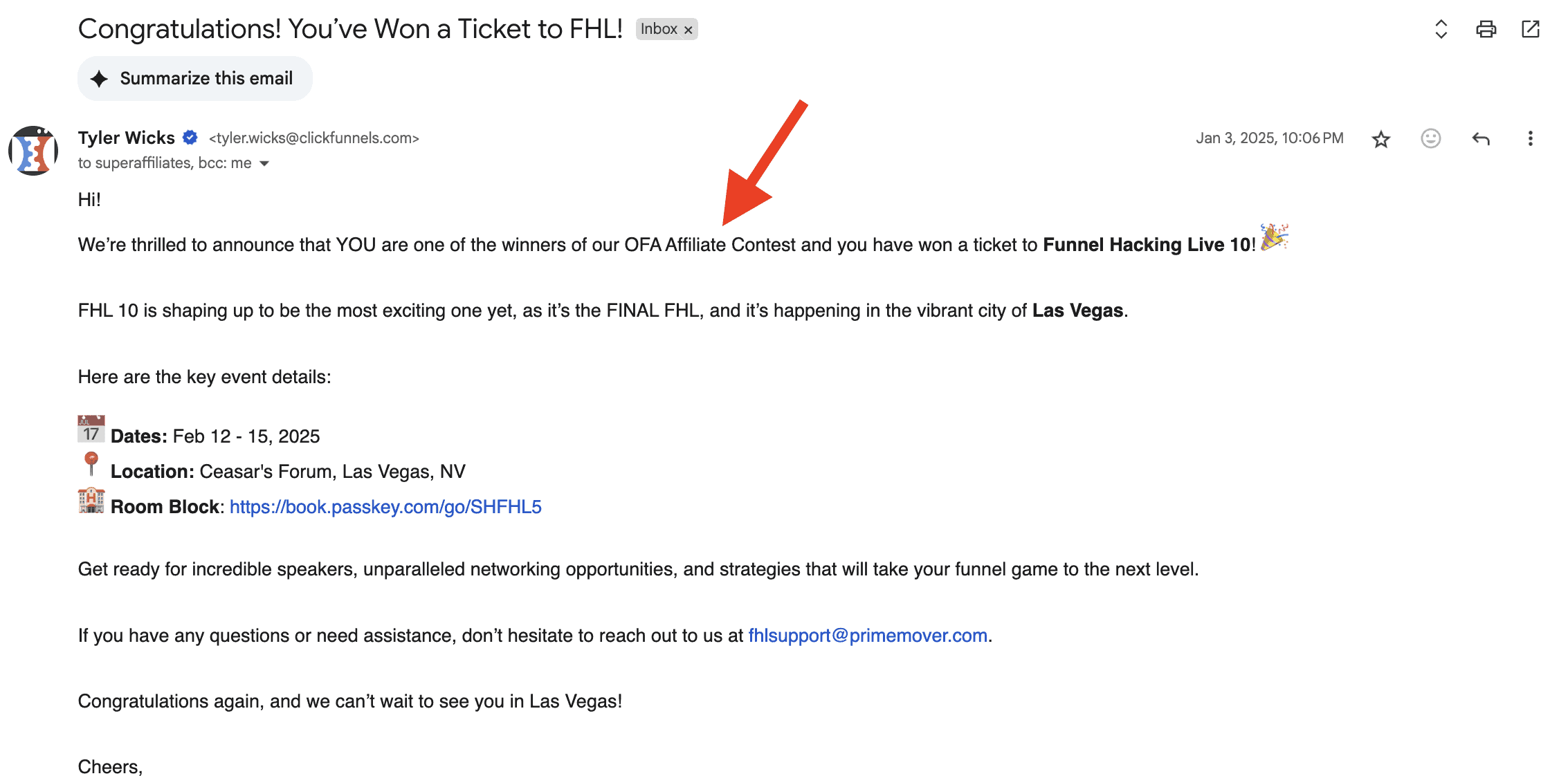 FHL contest email
