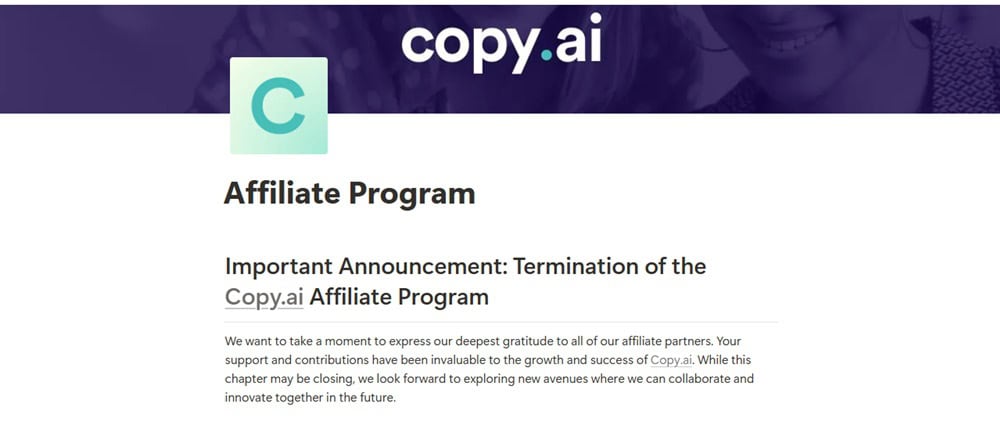 Termination of Copy AI Affiliate Program