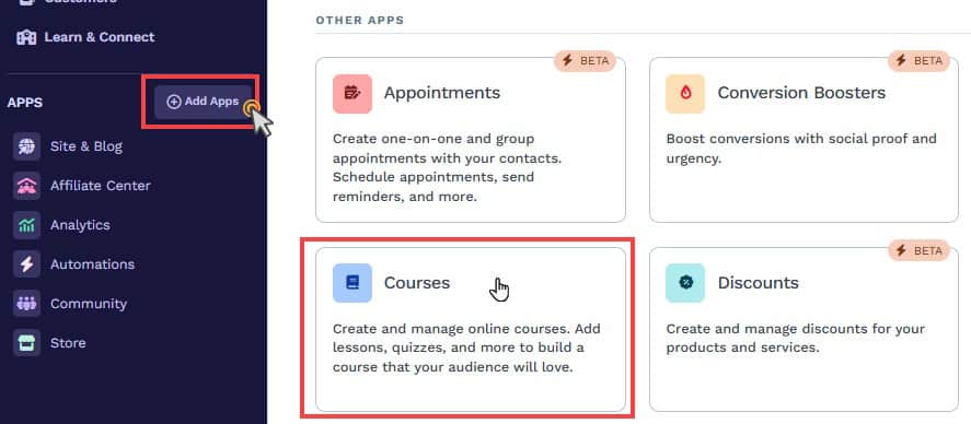 Add courses app on ClickFunnels