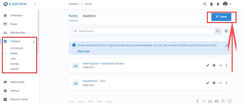Create Forms on Kartra