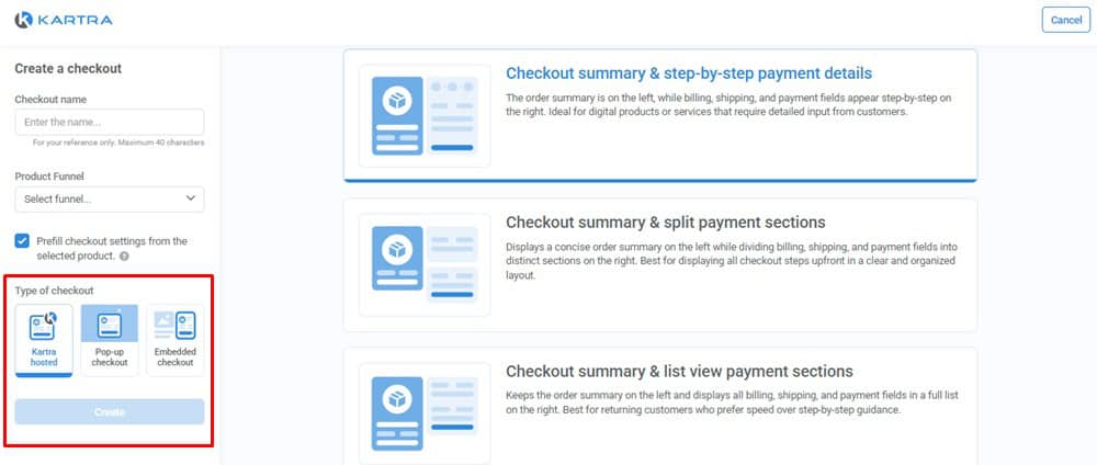 Type of Checkouts in Kartra